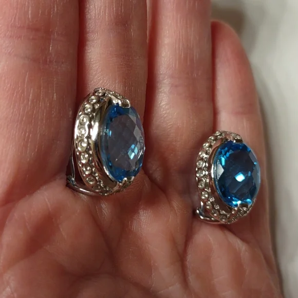 Hold For Sara- Blue Topaz earrings 14kt white gold, channel set diamonds, French - Picture 5 of 9